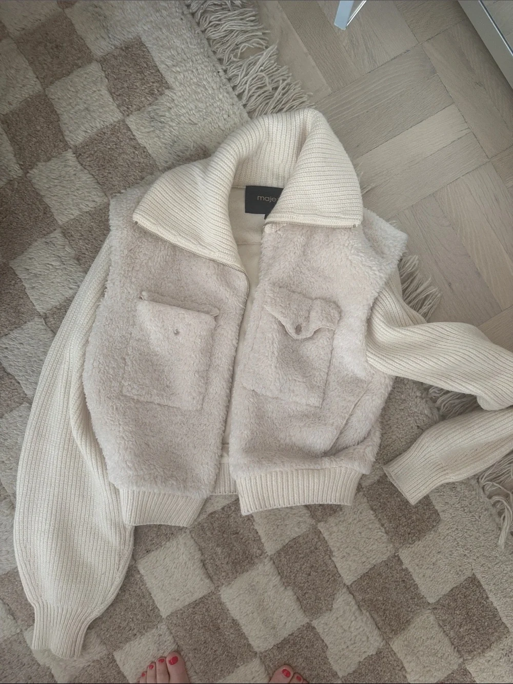 Maje Ivory Sherpa and Knit Zip Jacket